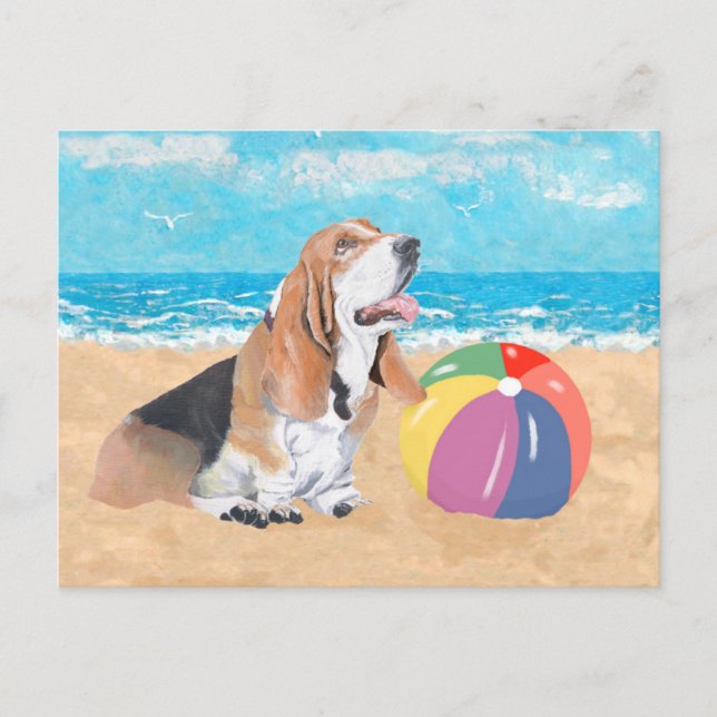 Carte Postale Basset Hound à la Plage (Devant)