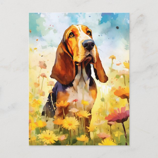 Carte Postale Basset Hound aquarelle colorée (Devant)