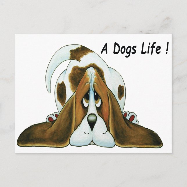 Carte Postale Basset Hound de dessin animé, la vie d'un chien (Devant)