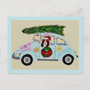 Carte Postale Basset Hound de Noël dans une voiture hippie