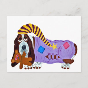 Carte Postale Basset Hound en pyjama avec un ours en peluche