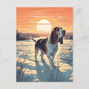 Carte Postale Basset Hound forêt de montagne d'hiver au coucher