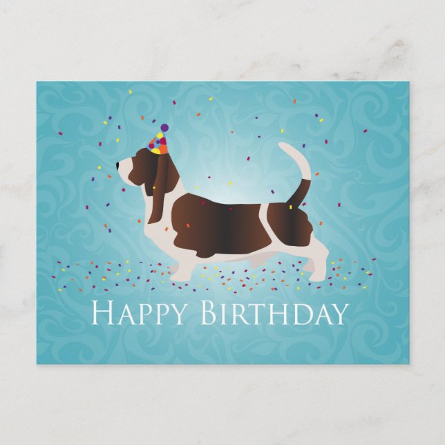 Carte Postale Basset Hound Joyeux design d'anniversaire (Devant)