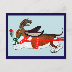 Carte Postale Basset Hound Rudolph le Renne au Nez Rouge