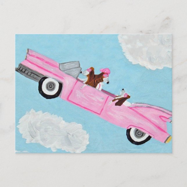 Carte Postale Basset Hounds dans une décapotable rose (Devant)