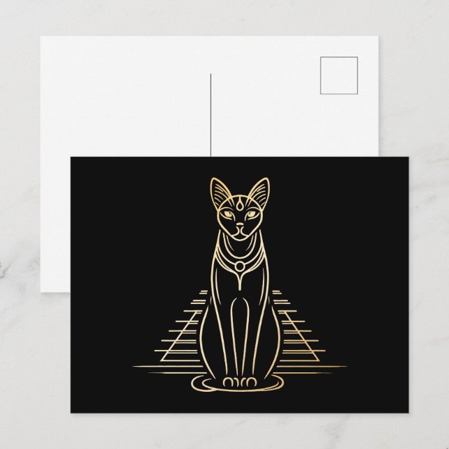 Carte Postale Bastet, déesse égyptienne des chats devant une pyr (Devant / Derrière)