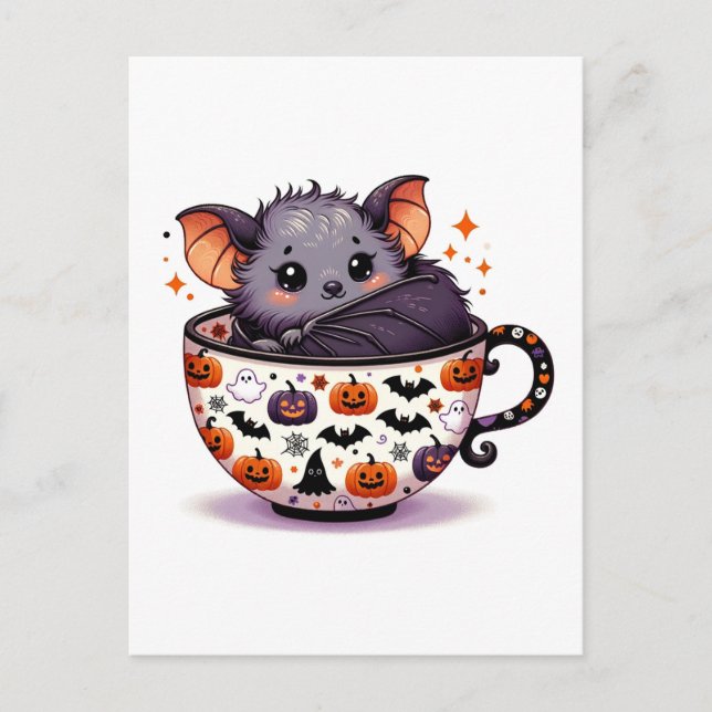 Carte Postale Bat adorable dans un thé d'Halloween (Devant)