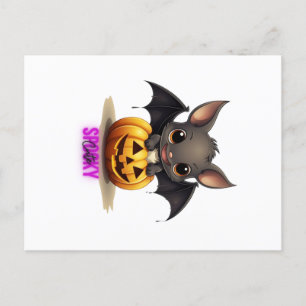 Carte Postale Bat adorable sur Citrouille mignonne Halloween Déc