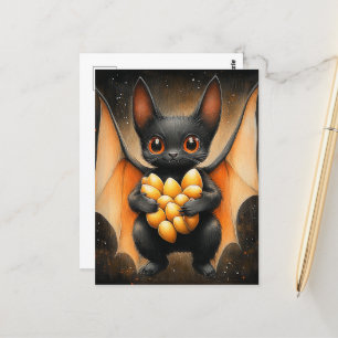 Carte Postale Bat D'Halloween Adorable Avec Graines Citrouilles