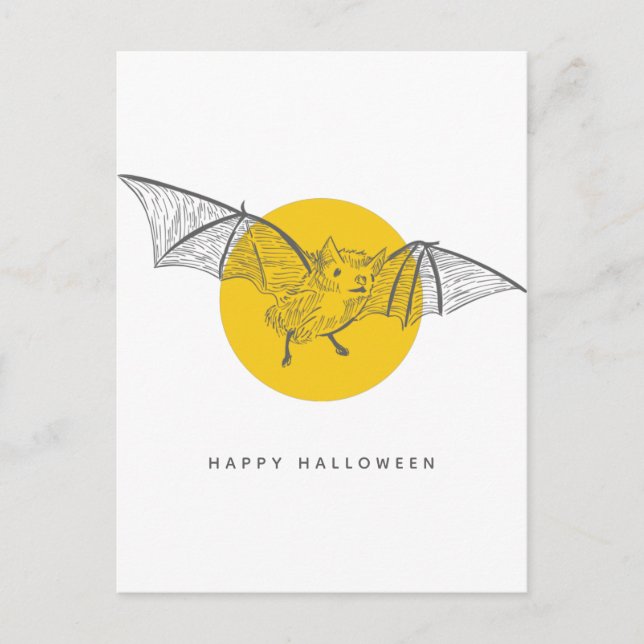 Carte Postale Bat Halloween | Croquis moderne mignon Lune Jaune (Devant)