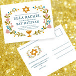 Carte Postale Bat mitzvah à couronne florale sur mesure dessiné<br><div class="desc">Carte postale parfaite pour annoncer une bar mitzvah, bat mitzvah ou autre célébration juive ! L'art fait main pour vous ! ENTIÈREMENT PERSONNALISABLE ! Cliquez sur "Personnaliser" ci-dessus pour modifier le texte. Cliquez sur "modifier à l'aide de l'outil de conception" pour ajuster les polices, les couleurs et les placements. ÉGALEMENT...</div>