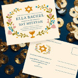 Carte Postale Bat mitzvah à couronne florale sur mesure dessiné<br><div class="desc">Carte postale parfaite pour annoncer une bar mitzvah, bat mitzvah ou autre célébration juive ! L'art fait main pour vous ! ENTIÈREMENT PERSONNALISABLE ! Cliquez sur "Personnaliser" ci-dessus pour modifier le texte. Cliquez sur "modifier à l'aide de l'outil de conception" pour ajuster les polices, les couleurs et les placements. ÉGALEMENT...</div>