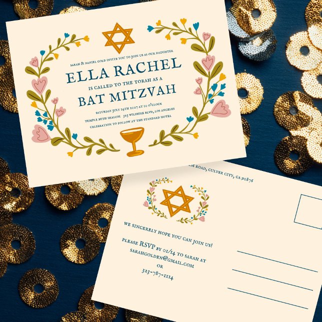 Carte Postale Bat mitzvah à couronne florale sur mesure dessiné  (Floral Wreath Bat Mitzvah Hand-drawn Custom Postcard Invitation
)