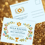 Carte Postale Bat mitzvah à couronne florale sur mesure dessiné<br><div class="desc">Carte postale parfaite pour annoncer une bar mitzvah, bat mitzvah ou autre célébration juive ! L'art fait main pour vous ! ENTIÈREMENT PERSONNALISABLE ! Cliquez sur "Personnaliser" ci-dessus pour modifier le texte. Cliquez sur "modifier à l'aide de l'outil de conception" pour ajuster les polices, les couleurs et les placements. ÉGALEMENT...</div>