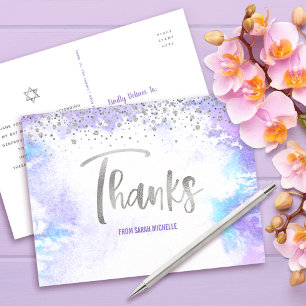 Carte Postale Bat mitzvah Argent Script Purple Aquarelle Merci
