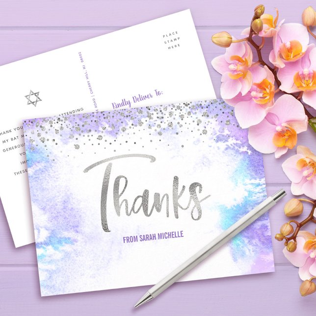 Carte Postale Bat mitzvah Argent Script Purple Aquarelle Merci (Créateur téléchargé)