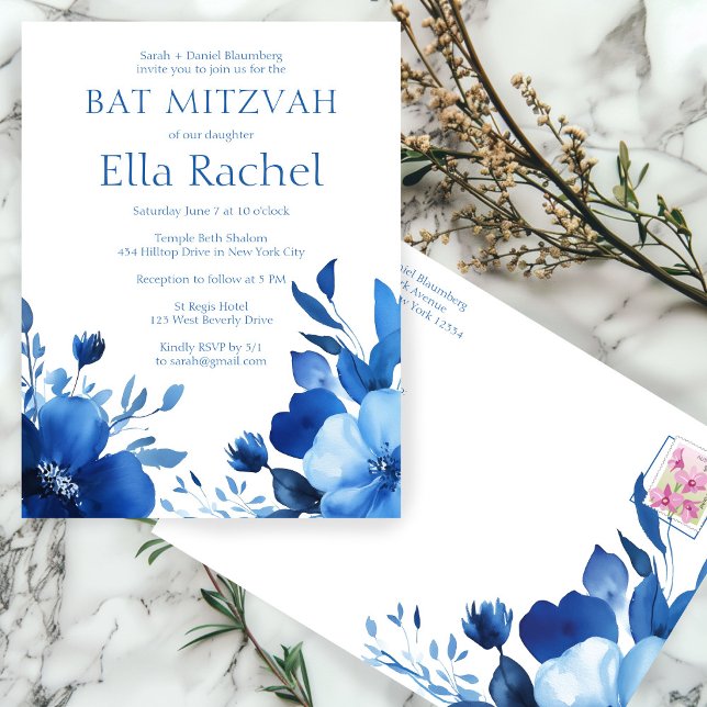 Carte Postale Bat mitzvah d'aquarelle Blue Blooms (Blue Blooms Watercolor BAT MITZVAH CUSTOM Postcard
)