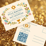 Carte Postale Bat mitzvah de couronne florale Code QR personnali<br><div class="desc">Carte postale parfaite pour annoncer une bar mitzvah, bat mitzvah ou autre célébration juive ! L'art fait main pour vous ! ENTIÈREMENT PERSONNALISABLE ! Cliquez sur "Personnaliser" ci-dessus pour modifier le texte et ajouter votre lien au code QR au verso. Cliquez sur "modifier à l'aide de l'outil de conception" pour...</div>