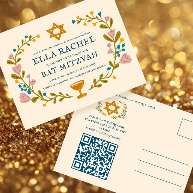 Carte Postale Bat mitzvah de couronne florale Code QR personnali (Floral Wreath Bat Mitzvah Hand-drawn Custom QR code Postcard Invitation
)