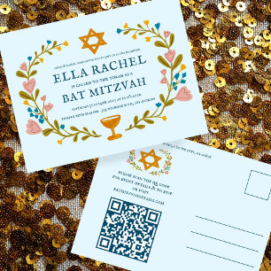 Carte Postale Bat mitzvah de couronne florale Code QR personnali