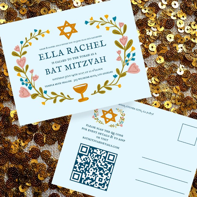 Carte Postale Bat mitzvah de couronne florale Code QR personnali (Floral Wreath Bat Mitzvah Hand-drawn Invitation Custom QR code Postcard
)