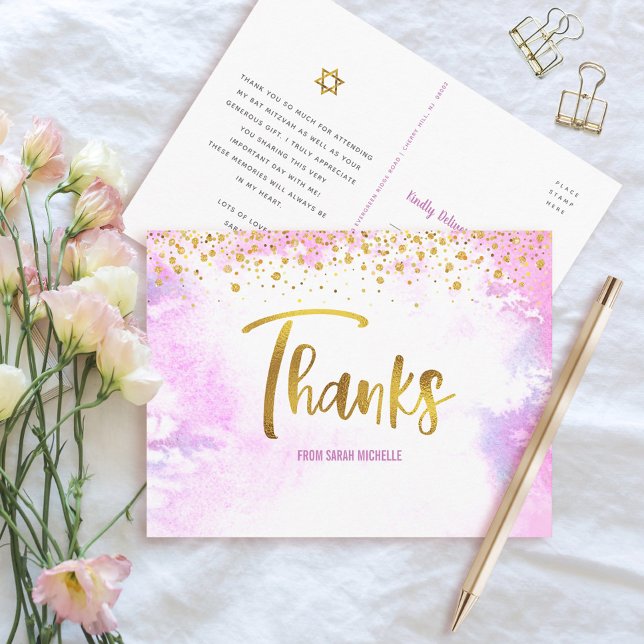 Carte Postale Bat mitzvah Gold Script Pink Aquarelle Merci (Créateur téléchargé)