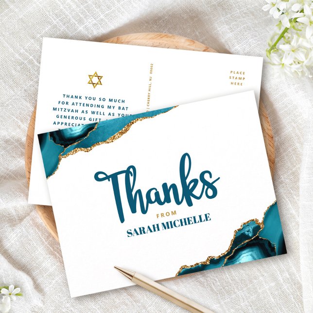 Carte Postale Bat Mitzvah Or Turquoise Agate Script Merci (Créateur téléchargé)