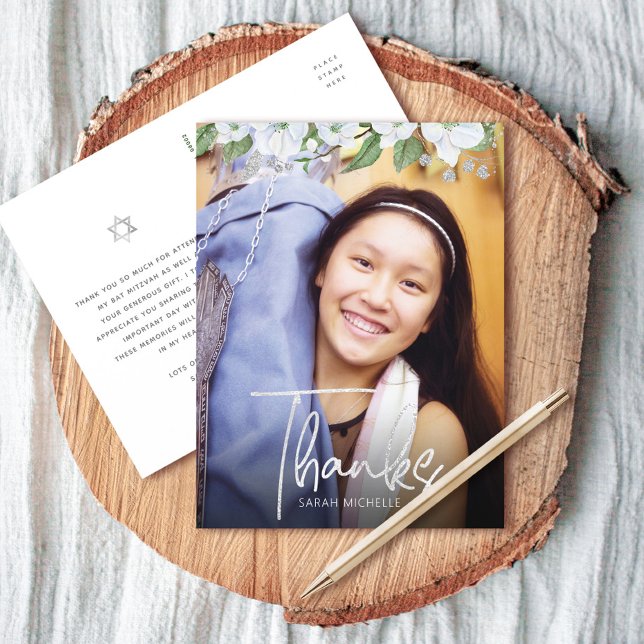 Carte Postale Bat mitzvah Script Photo Silver Floral Merci (Créateur téléchargé)