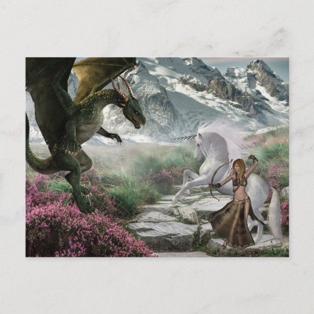 Carte Postale Bataille d'Imaginaire guerrier de Unicorn avec Dra (Devant)