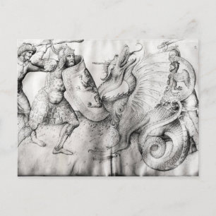 Carte Postale Bataille entre guerriers et dragon, vers 1450