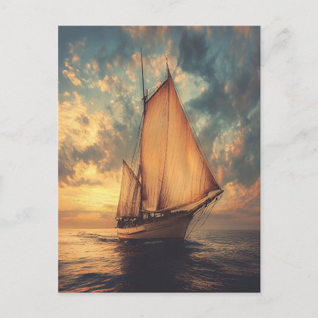 Carte Postale Bateau à voile contre un coucher de soleil (Devant)