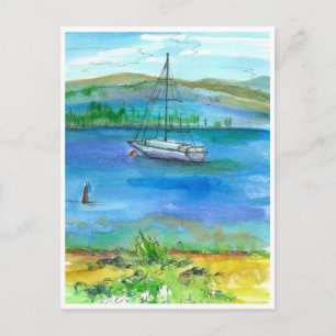Carte Postale Bateau à voile Mountain Lake Aquarelle peinture