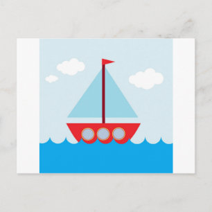 Carte Postale Bateau à voile rouge et bleu sur la mer