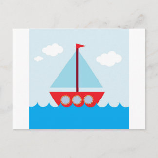 Carte Postale Bateau à voile rouge et bleu sur la mer
