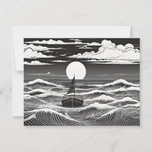 Carte Postale Bateau à voile solitaire dans les vagues illuminée