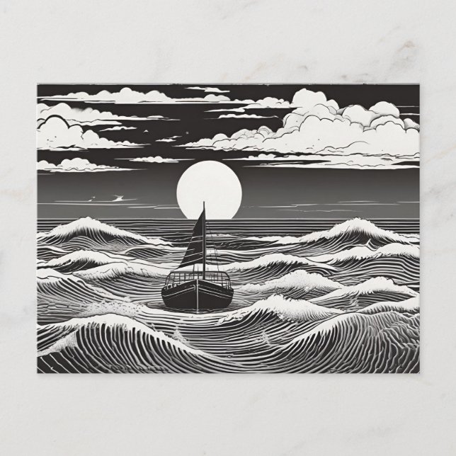 Carte Postale Bateau à voile solitaire dans les vagues illuminée (Devant)