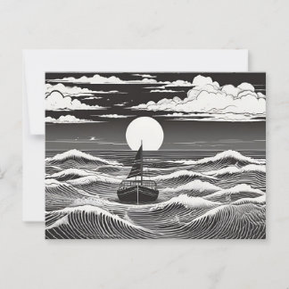 Carte Postale Bateau à voile solitaire dans les Waves de Lune