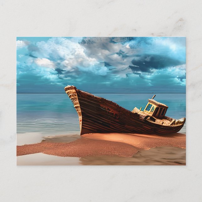 Carte Postale Bateau abandonné sur une plage de sable déserte (Devant)