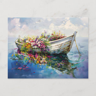 Carte Postale Bateau avec Fleurs sauvages colorés