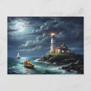 Carte Postale Bateau de rangée vide de lune de phare