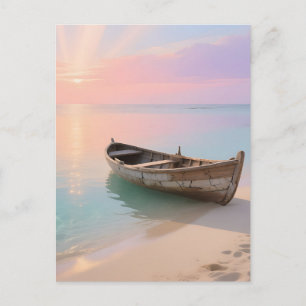 Carte Postale Bateau en bois sur la plage tropicale au coucher d