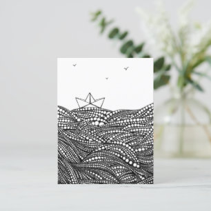 Carte Postale Bateau en papier dessiné crayon sur les vagues abs