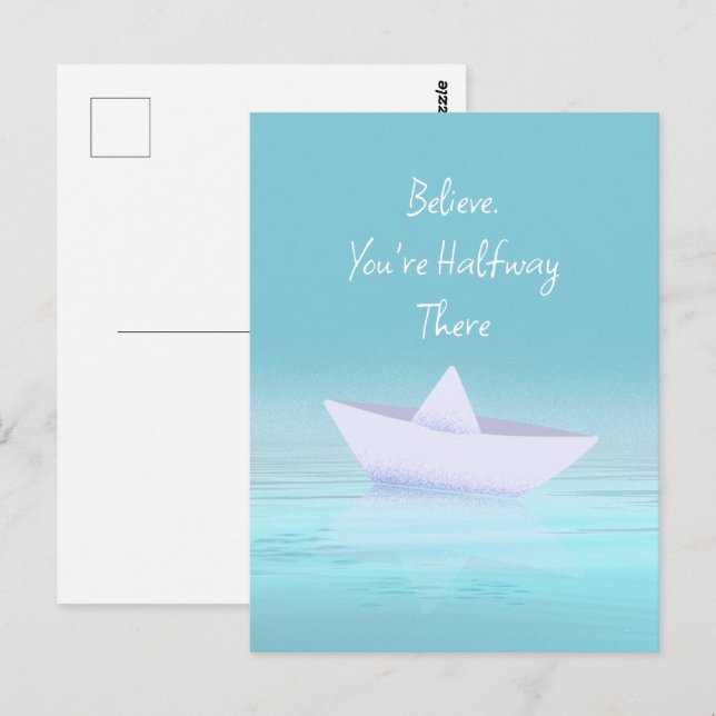 Carte Postale Bateau en papier sur l'océan bleu (Devant / Derrière)