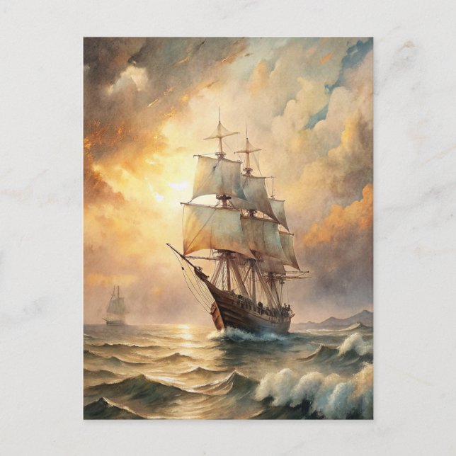 Carte Postale Bateau naviguant sur les vagues de l'océan au couc (Devant)