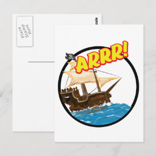 Carte Postale Bateau pirate de dessin animé drôle 