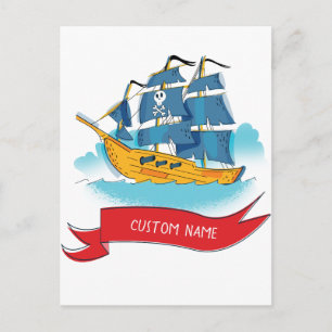Carte Postale Bateau pirate de dessin animé mignon Texte personn