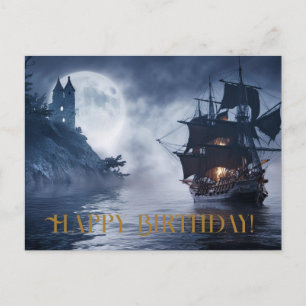 Carte Postale Bateau pirate et château Joyeux anniversaire