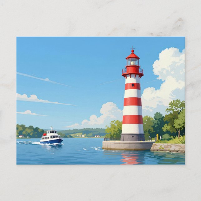 Carte Postale Bateau près d'un phare (Devant)