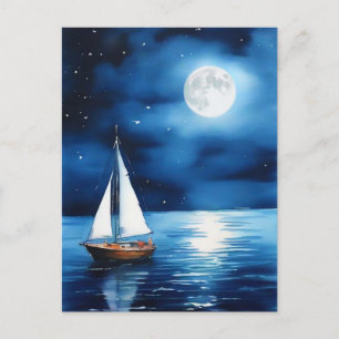 Carte Postale Bateau sous Pleine lune