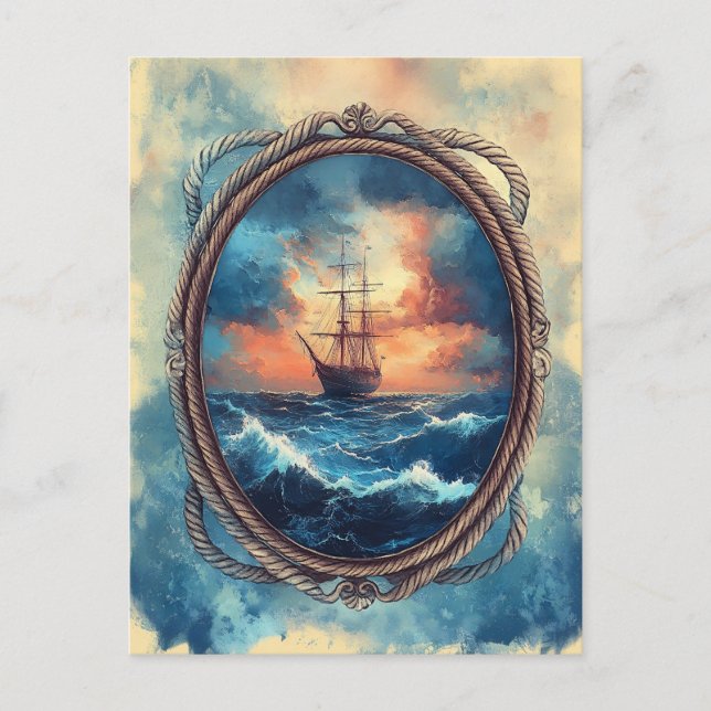 Carte Postale Bateau sur Stormy Sea Rope Border Art (Devant)